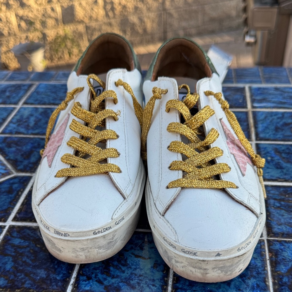 Golden Goose White Sneakers with Gold and Pink Accents